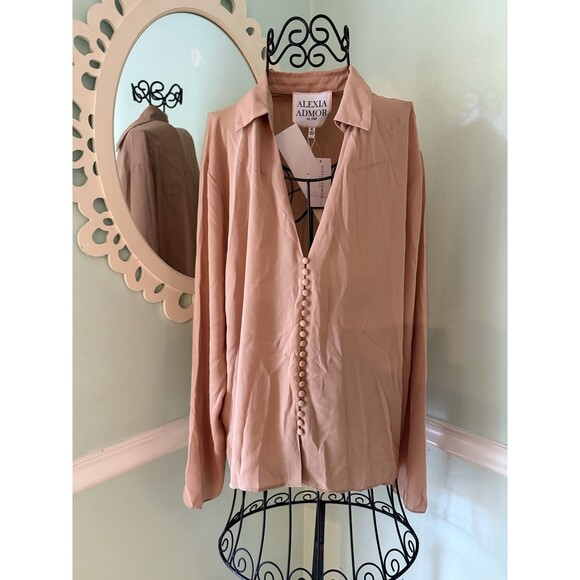 ALEXIA ADMIR NUDE LONG SLEEVE XL Top Blouse Shirt Button Front - Picture 1 of 8